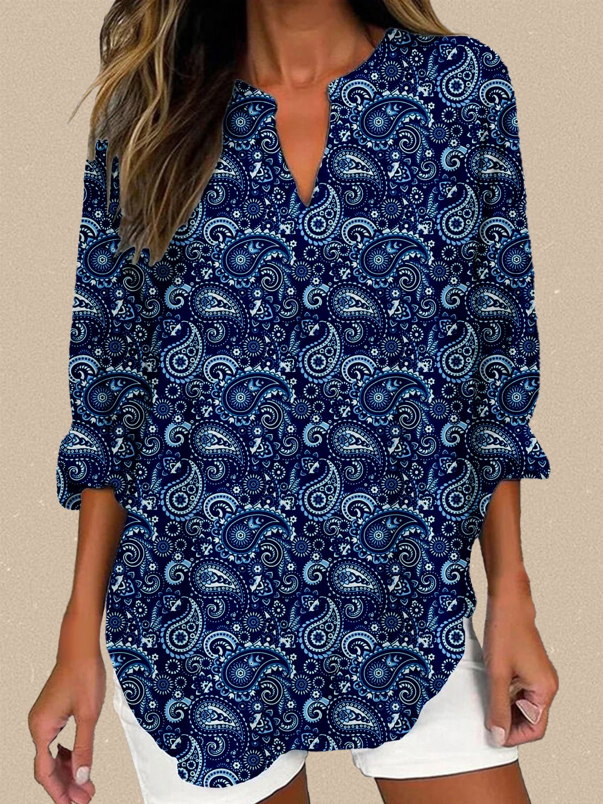 Women's cotton and linen casual retro printed V-neck long-sleeved shirt