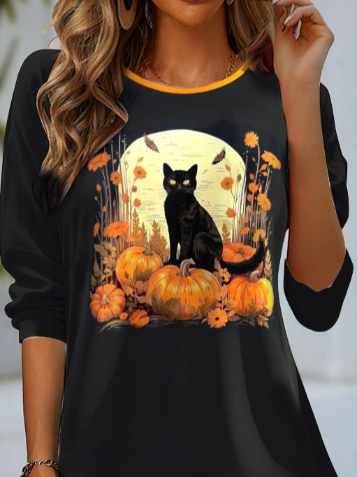 Women's Long Sleeve T-shirt Spring/Fall Black Cat Jersey Crew Neck Daily Going Out Casual Top