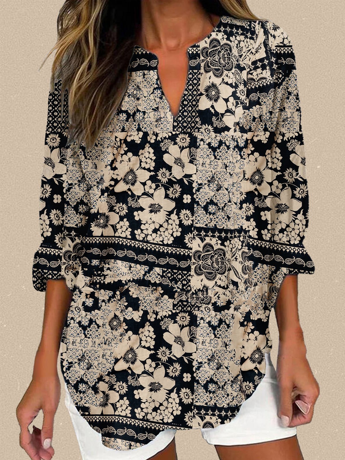 Women's cotton and linen casual floral patchwork printed V-neck long-sleeved shirt