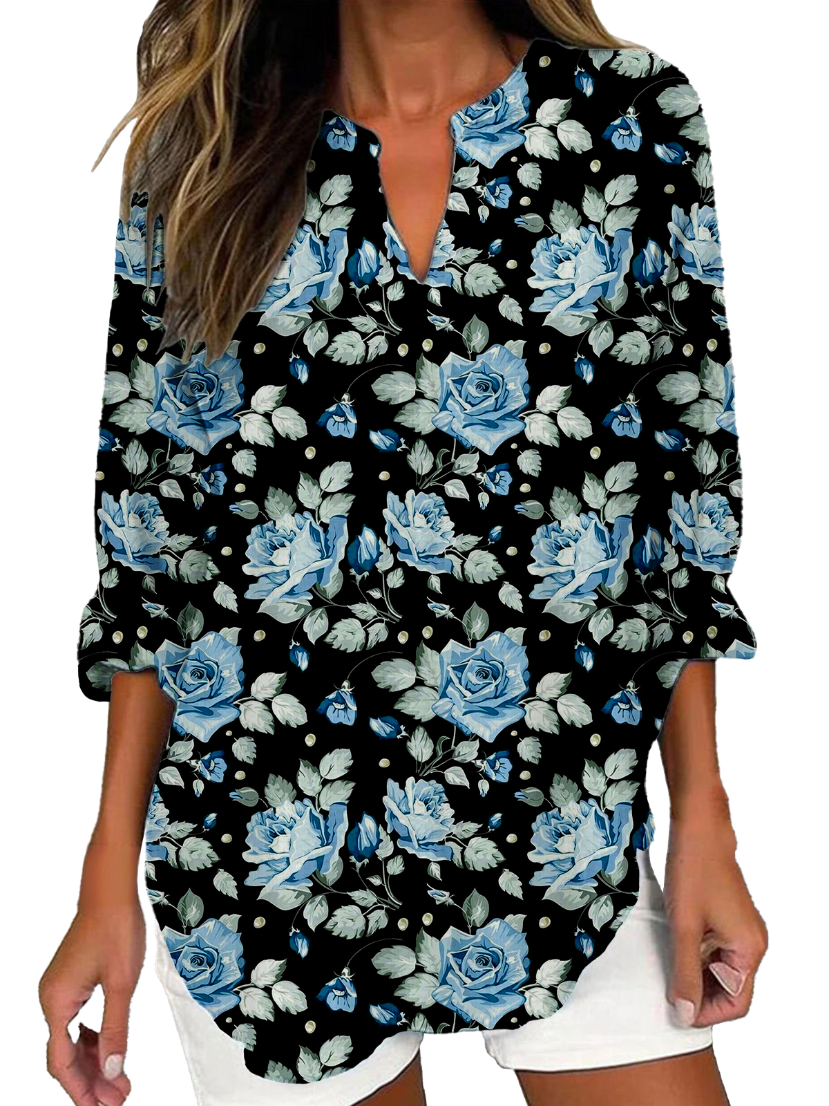 Women's cotton and linen casual floral print V-neck long-sleeved shirt