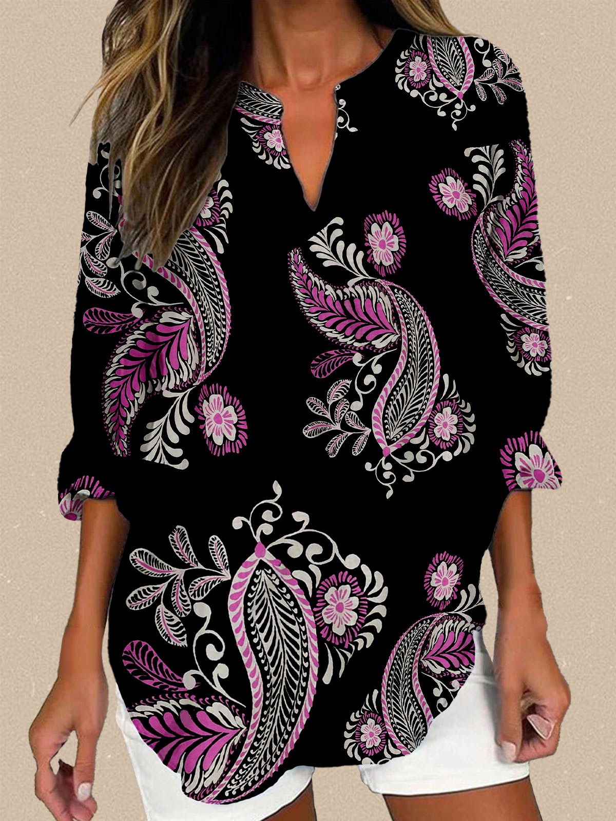 Women's Casual Paisley Print V-Neck Long Sleeve Shirt