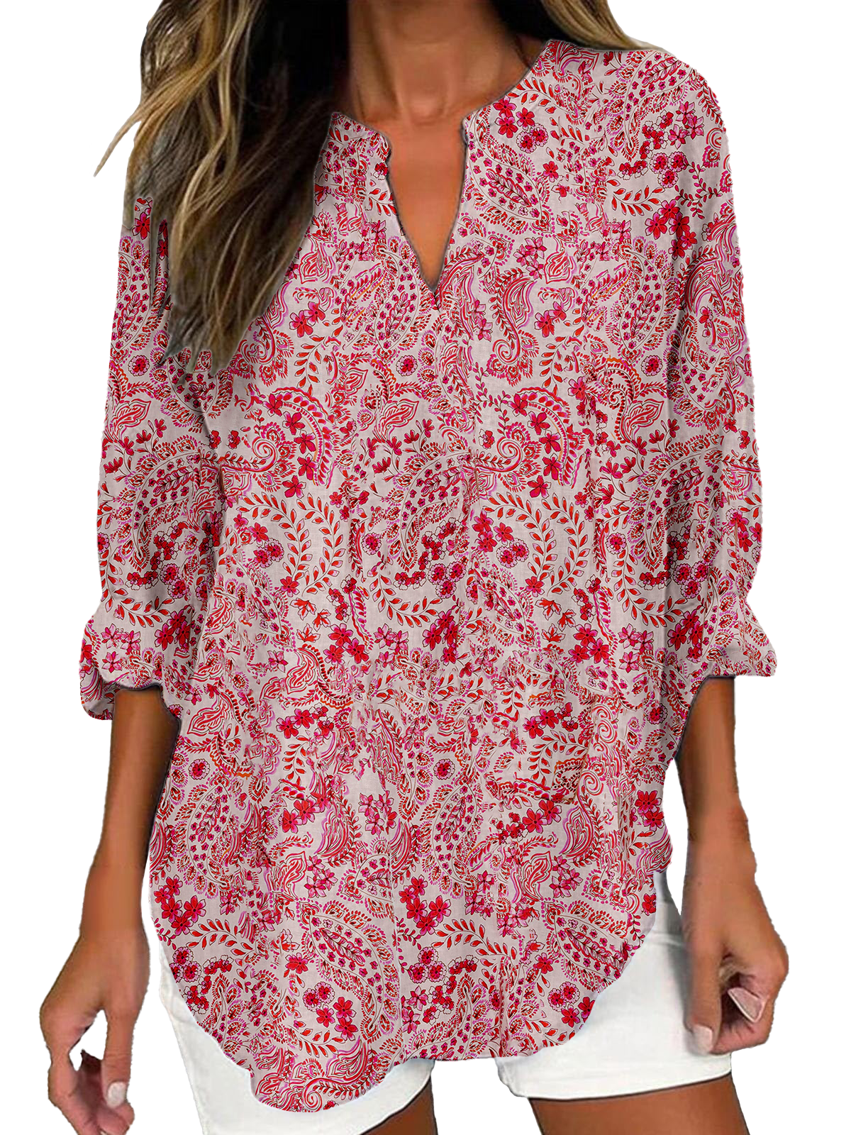 Women's cotton and linen casual paisley print V-neck long-sleeved shirt