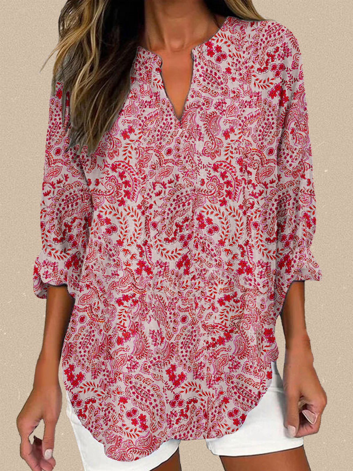 Women's cotton and linen casual paisley print V-neck long-sleeved shirt