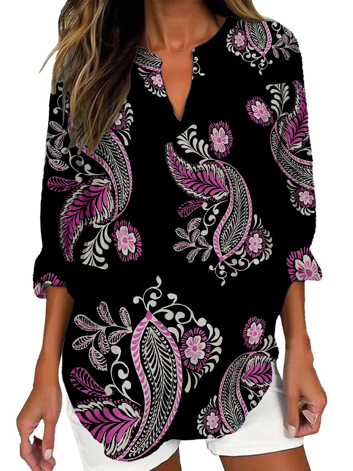 Women's Casual Paisley Print V-Neck Long Sleeve Shirt