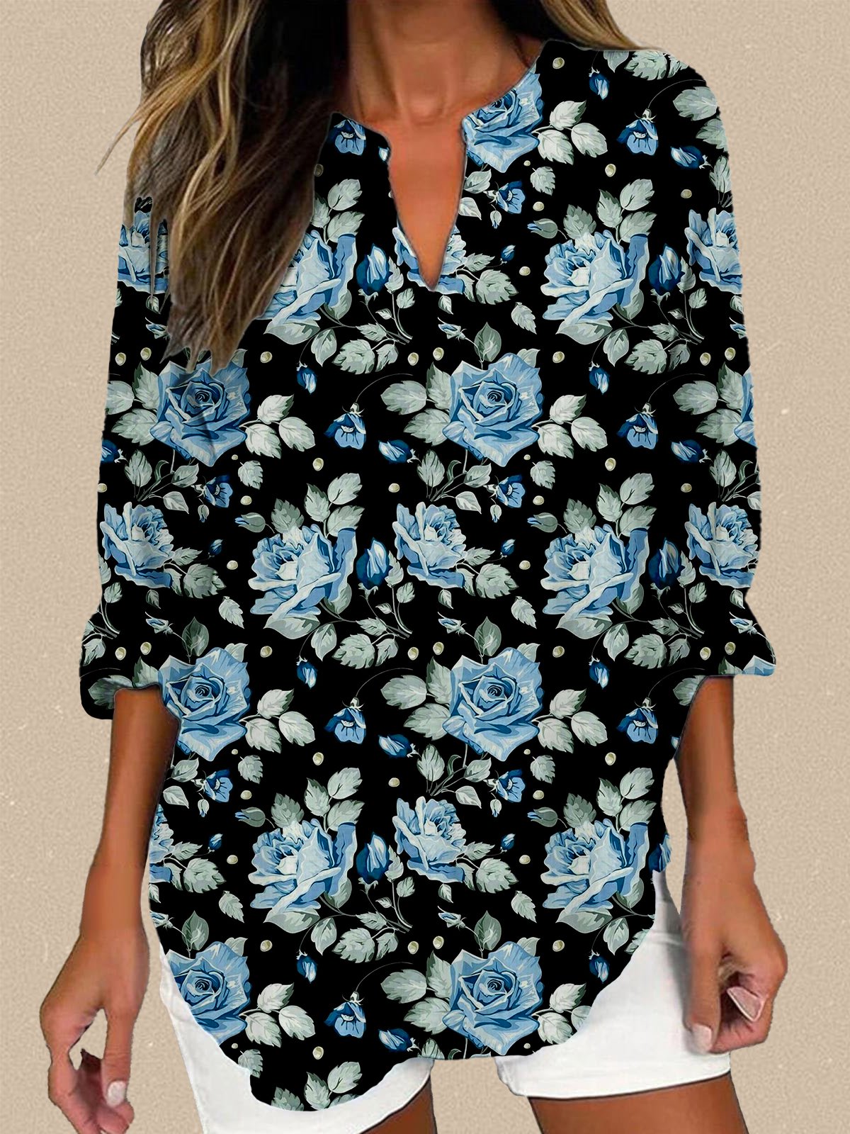 Women's cotton and linen casual floral print V-neck long-sleeved shirt