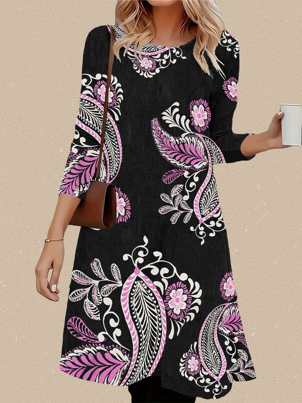 Women's Casual Paisley Print Round Neck Long Sleeve Dress