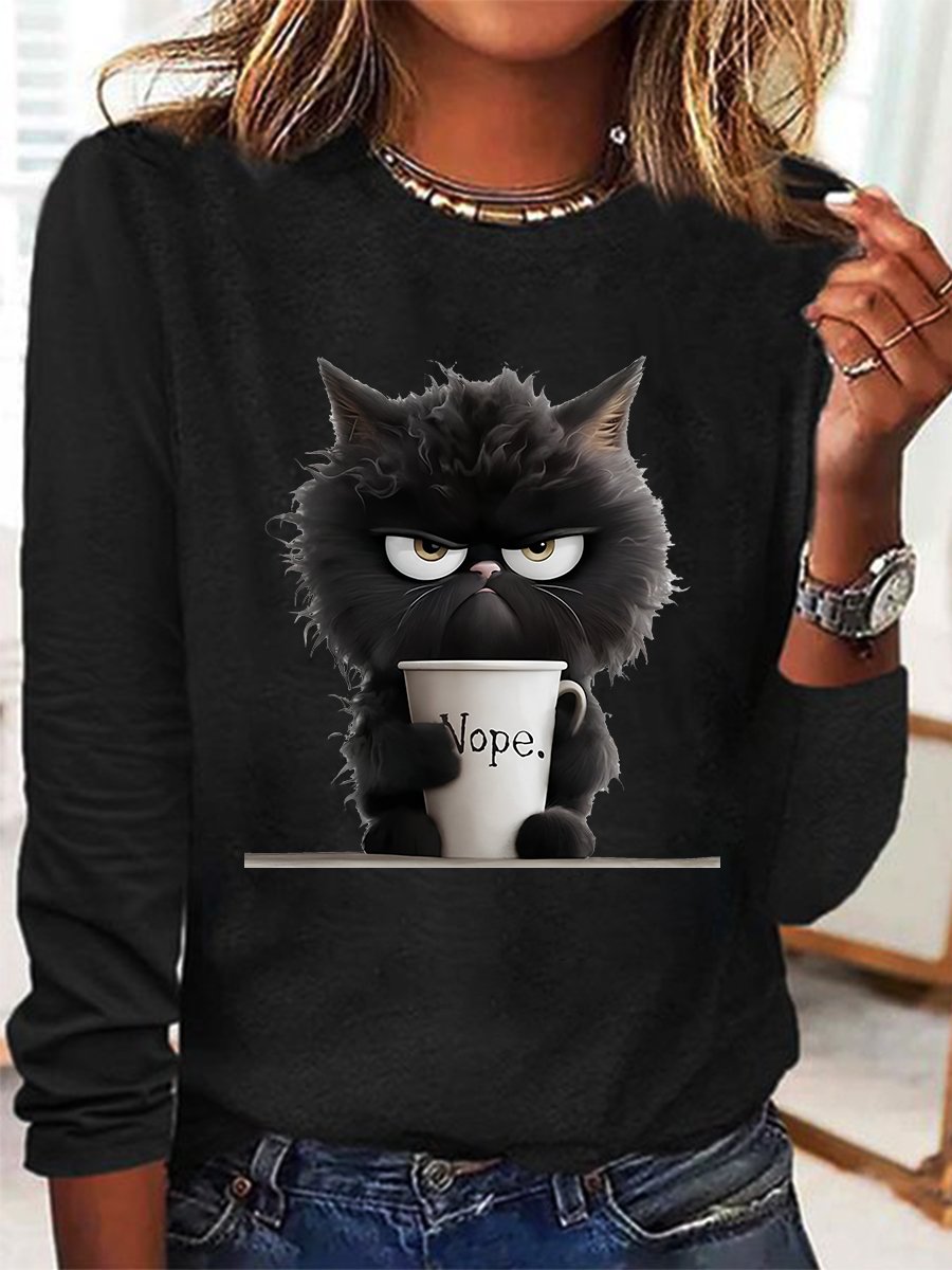 Funny Cat Nope Casual Long Sleeve Shirt