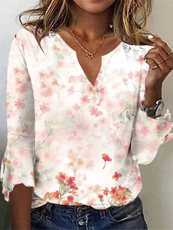 Loose Floral Casual Notched T-Shirt