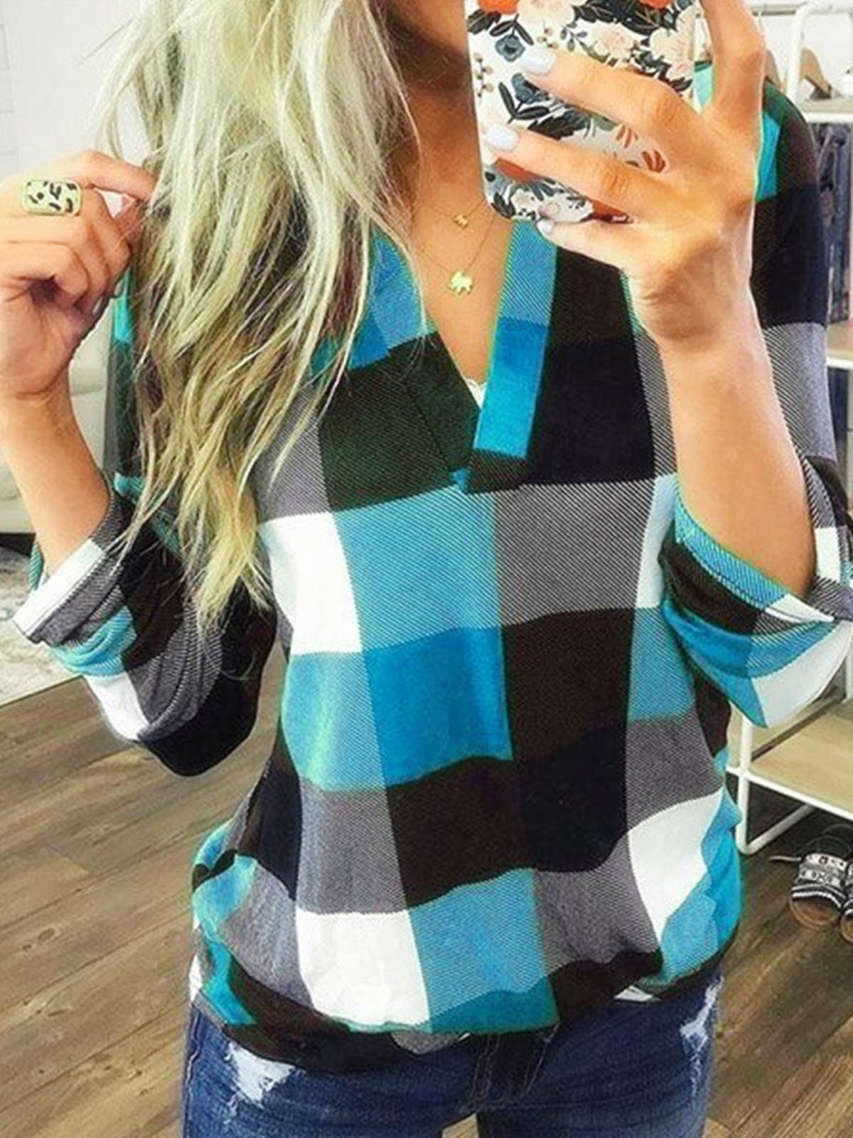 Casual V Neck Plaid Loose Blouse