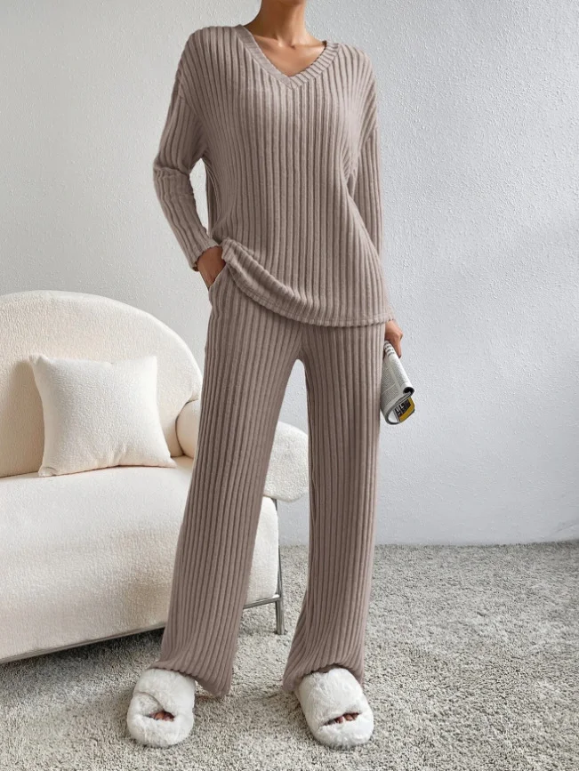 Jersey Casual Plain V Neck Two-Piece Set