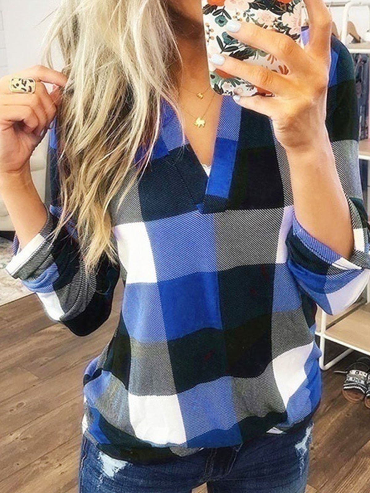 Casual V Neck Plaid Loose Blouse