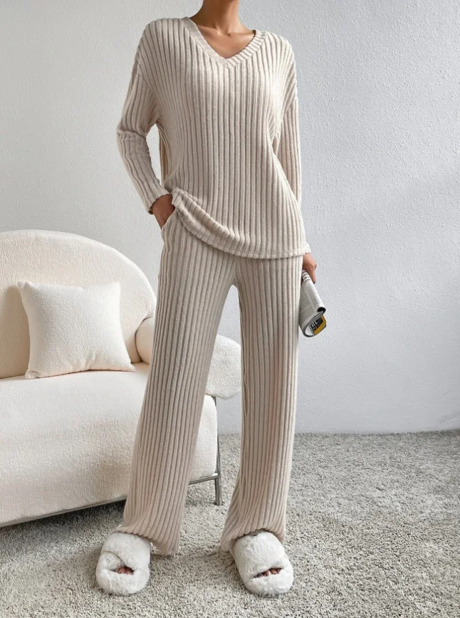 Jersey Casual Plain V Neck Two-Piece Set