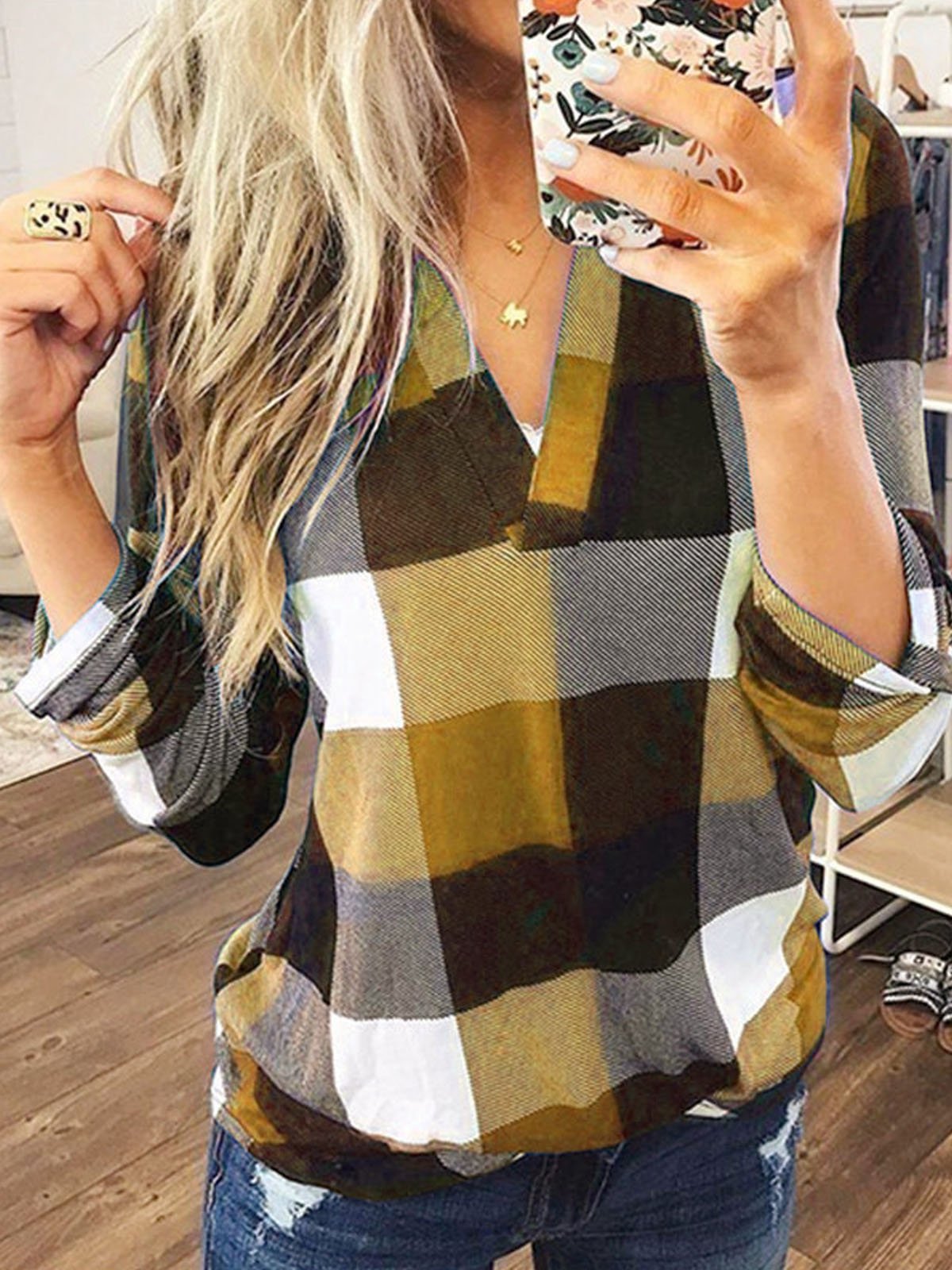 Casual V Neck Plaid Loose Blouse