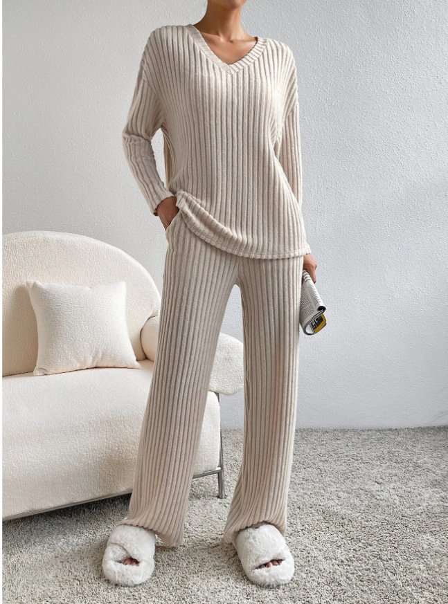 Jersey Casual Plain V Neck Two-Piece Set