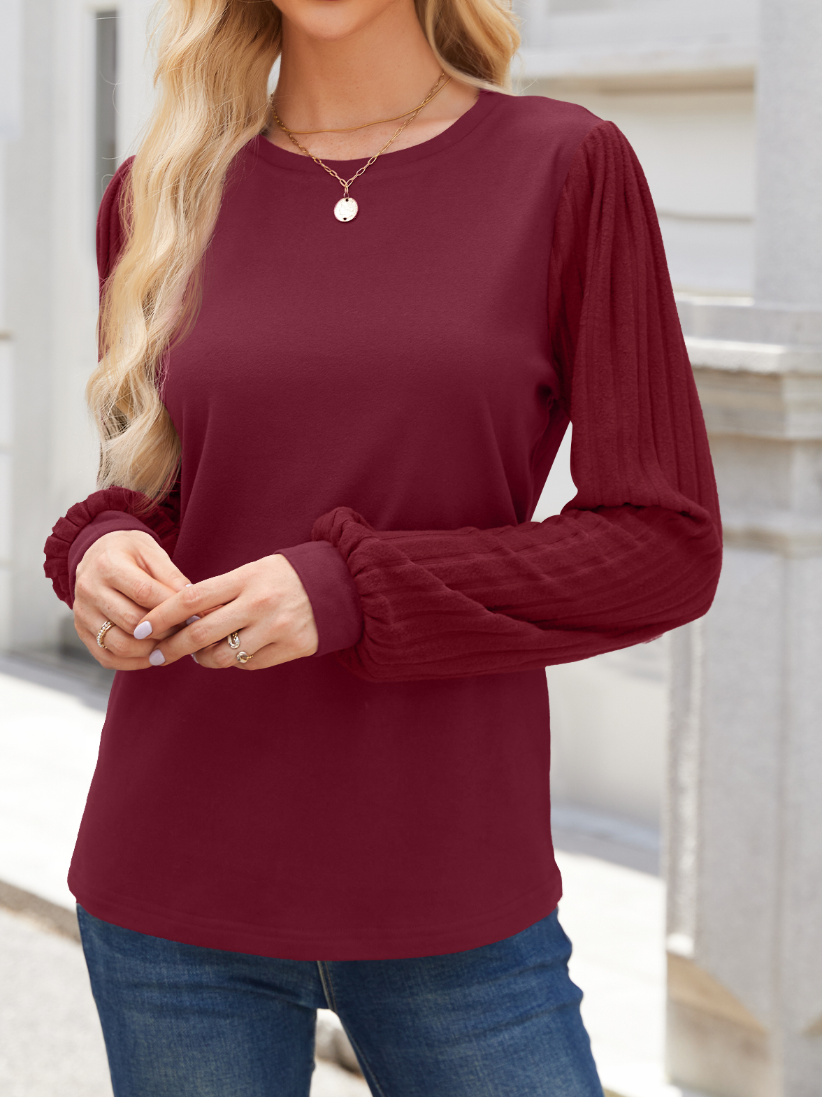 Women's Long Sleeve Blouse Spring/Fall Wine Red Plain Knitted Crew Neck Balloon Sleeve Daily Going Out Casual Top