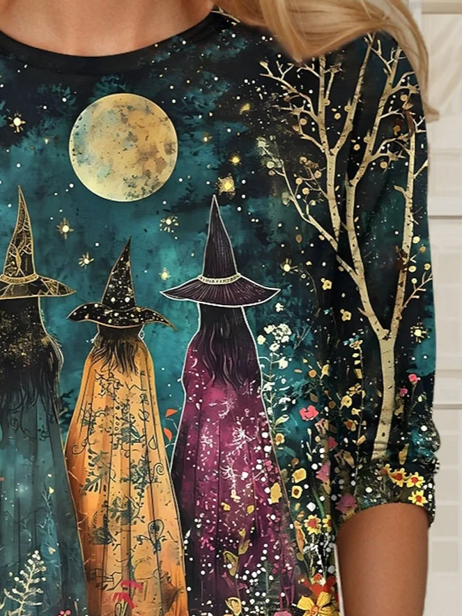 Halloween Witch Design Round Neck T-Shirt