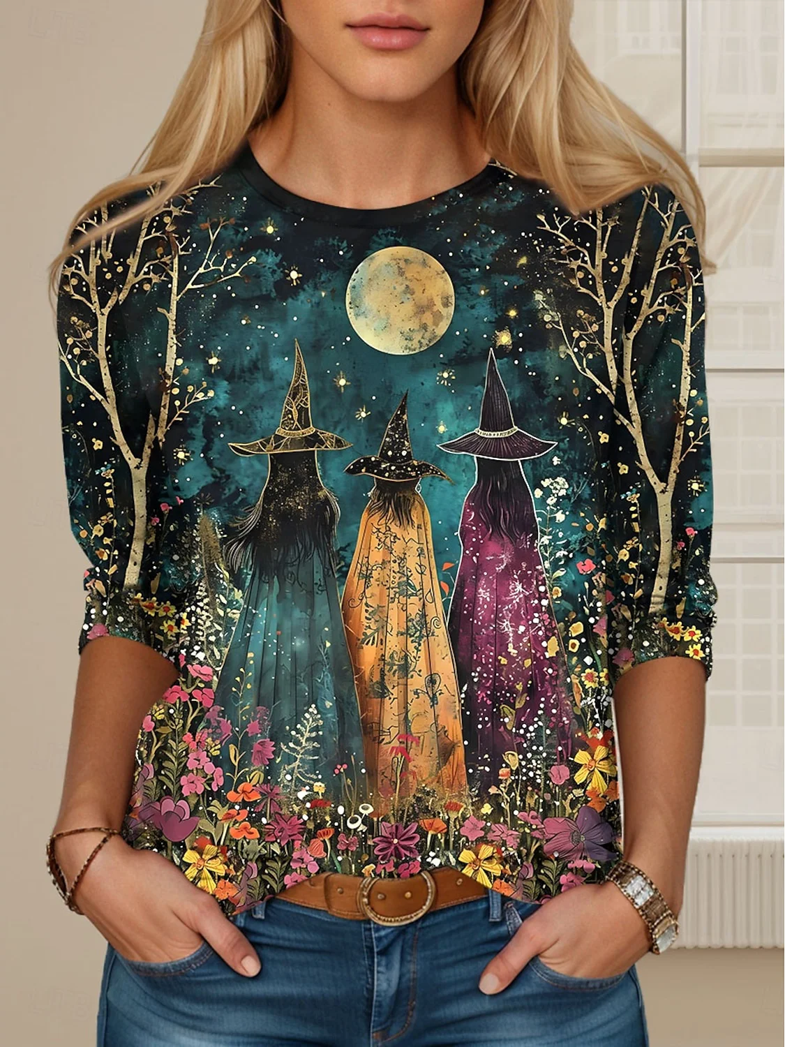 Halloween Witch Design Round Neck T-Shirt