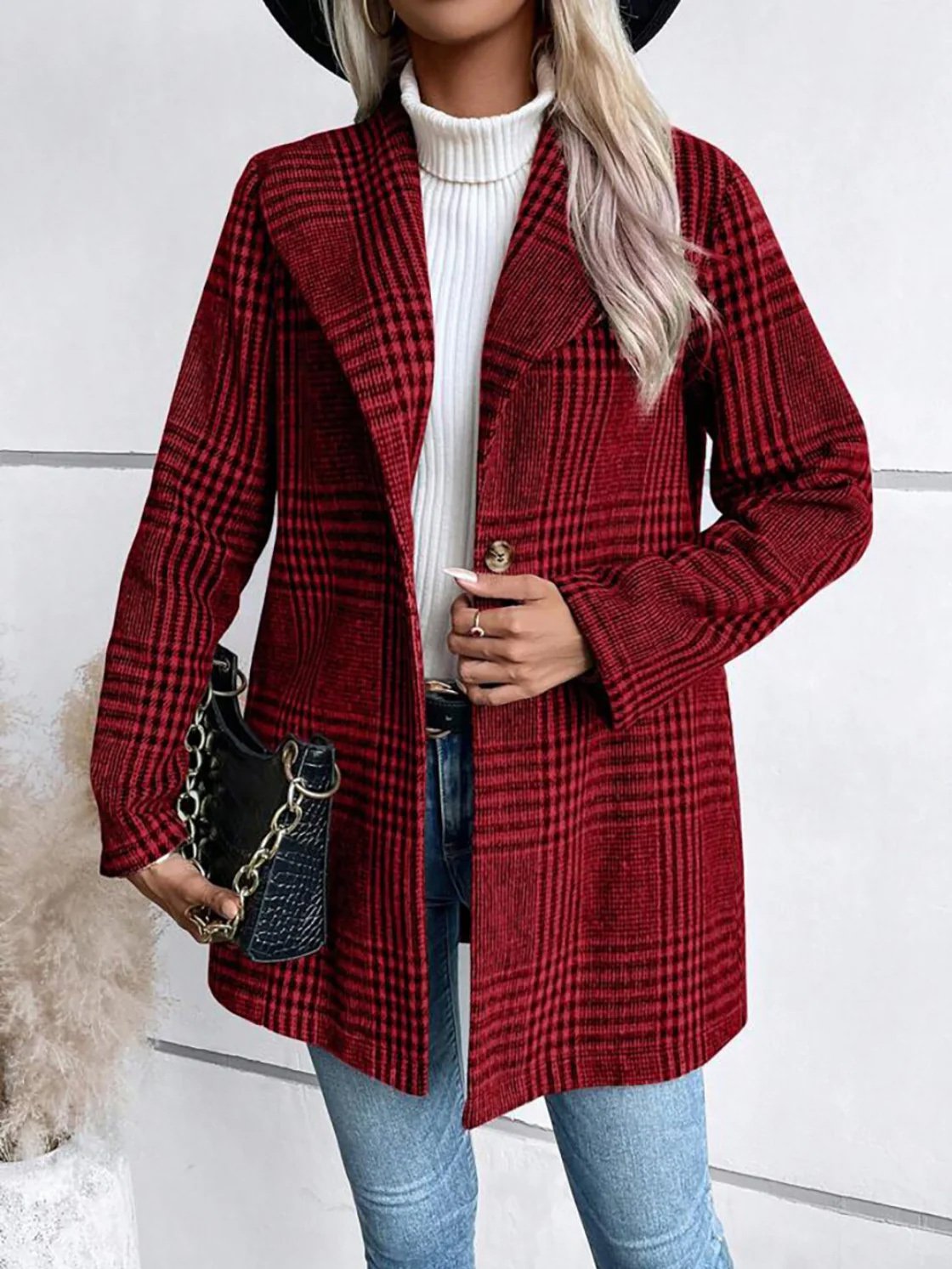 Loose Casual Shawl Collar Plaid Jacket