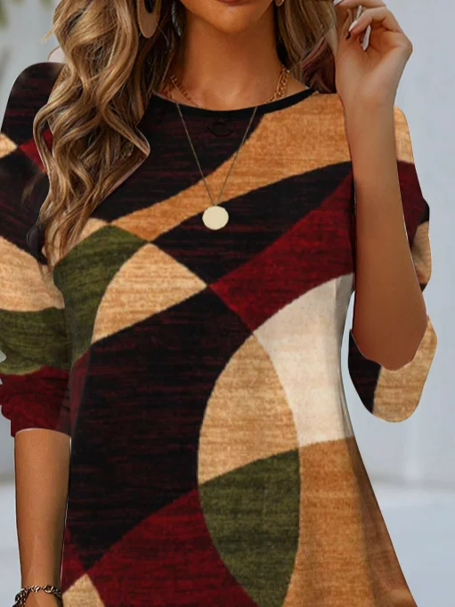 Women's Long Sleeve T-shirt Spring/Fall Brown Geometric Jersey Crew Neck Daily Going Out Casual Top