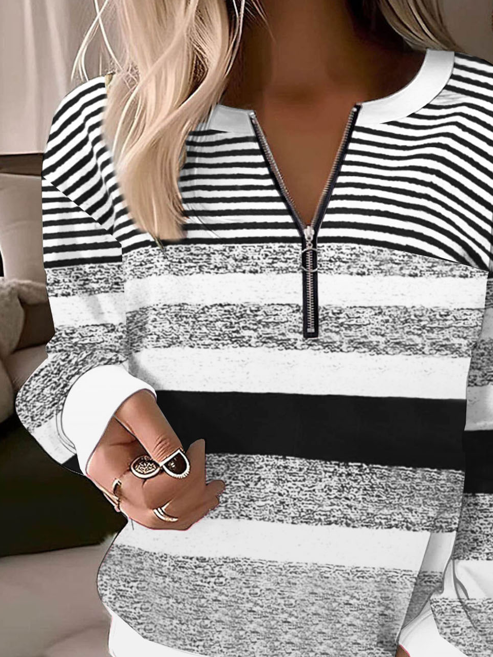 Striped printed zipper decoration casual women's pullover sports shirt