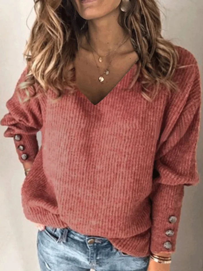 Knitted Casual Buckle Plain Blouse