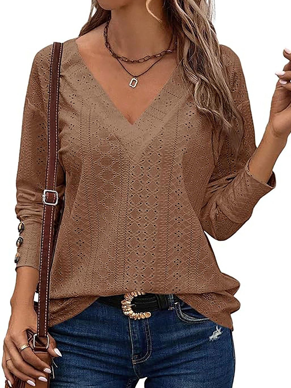 Casual Plain Loose V Neck T-Shirt