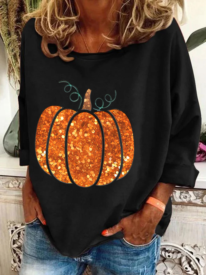 Sequin Pumpkin Print Casual Sweatshirt