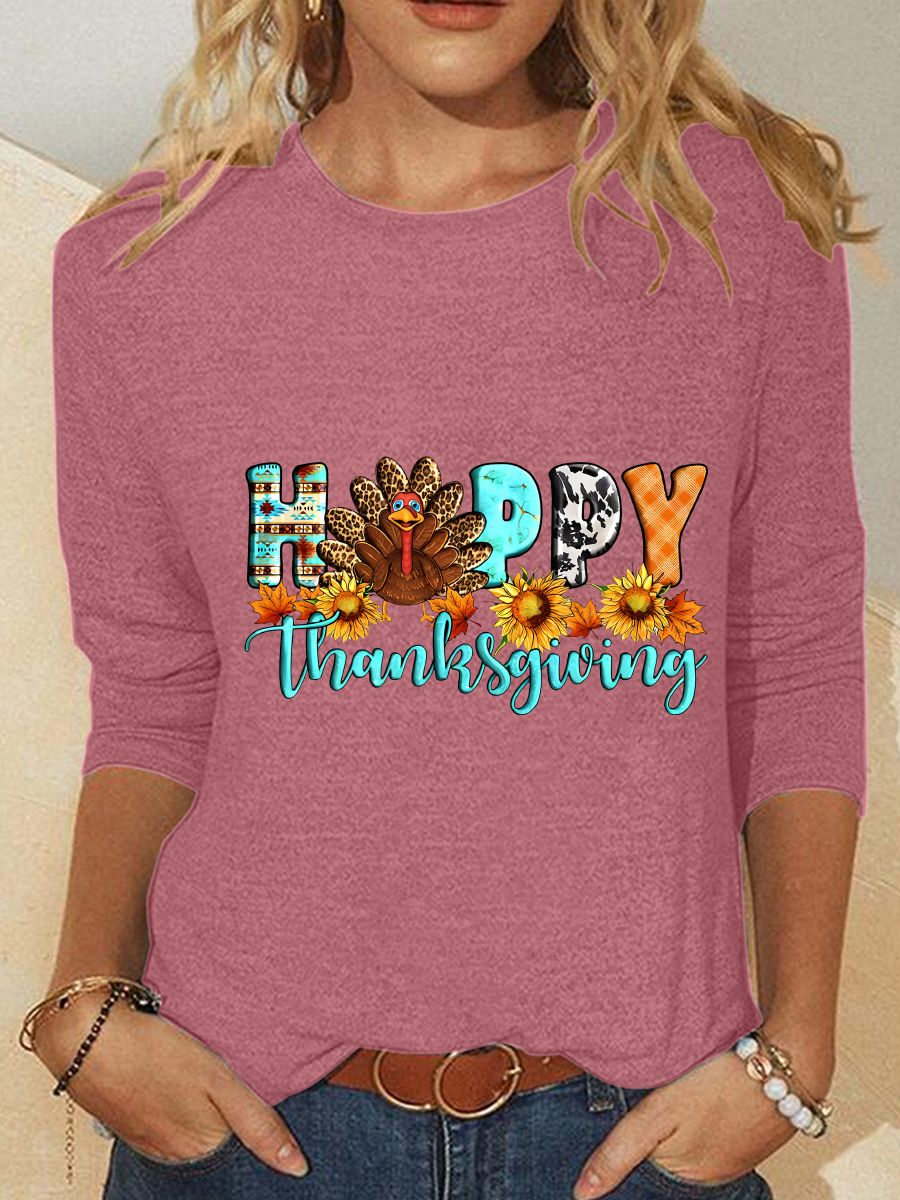 Happy Thanksgiving Turkey Pumpkin Season Casual Long Sleeve Shirt