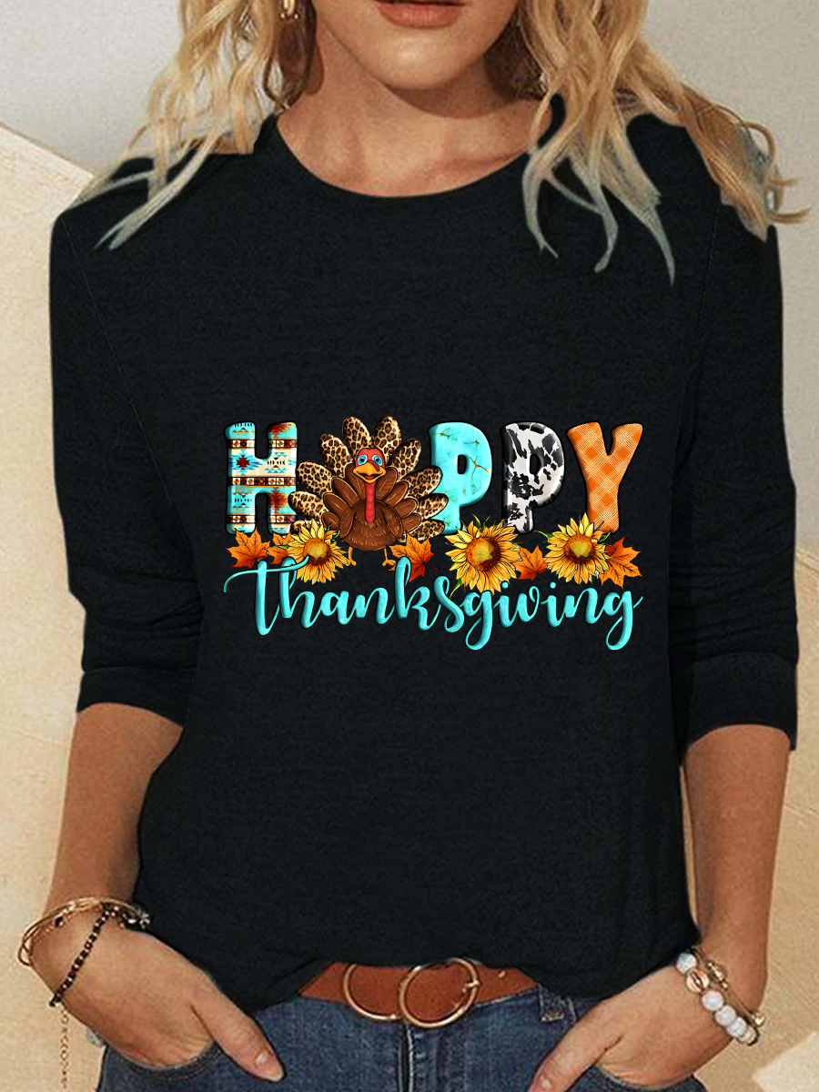 Happy Thanksgiving Turkey Pumpkin Season Casual Long Sleeve Shirt