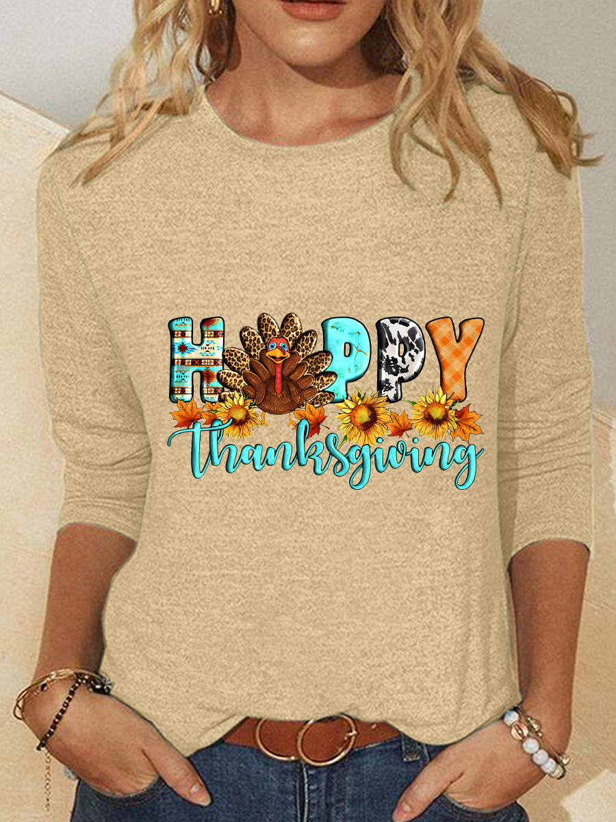 Happy Thanksgiving Turkey Pumpkin Season Casual Long Sleeve Shirt