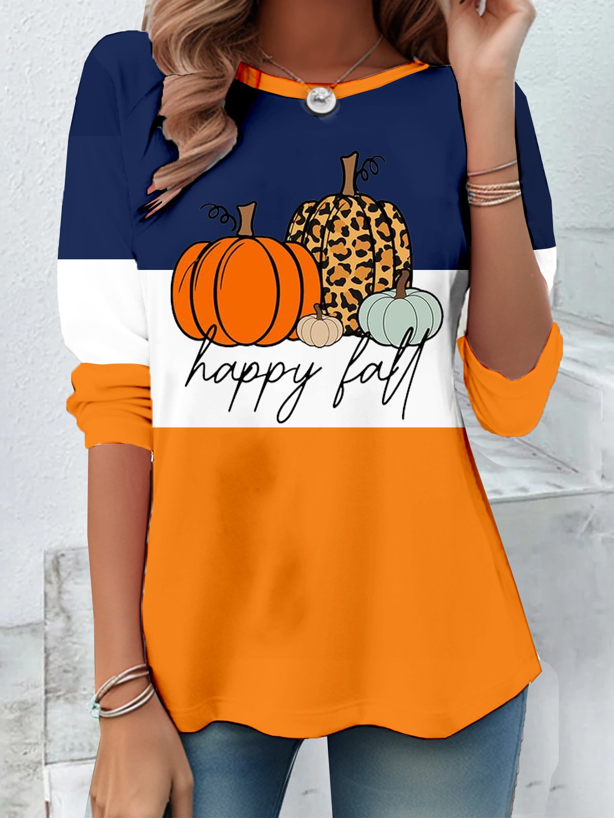 Halloween Loose Crew Neck Casual Color Block T-Shirt