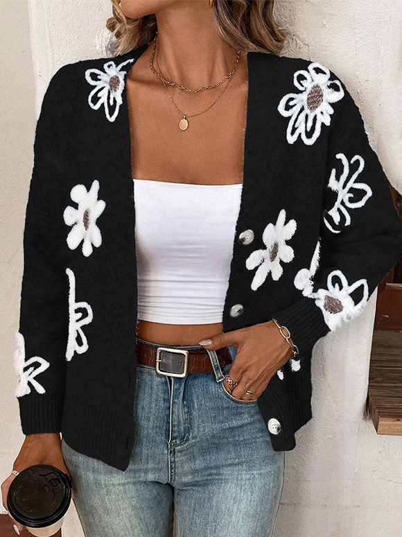 Yarn/Wool Yarn Floral Buckle Casual Cardigan