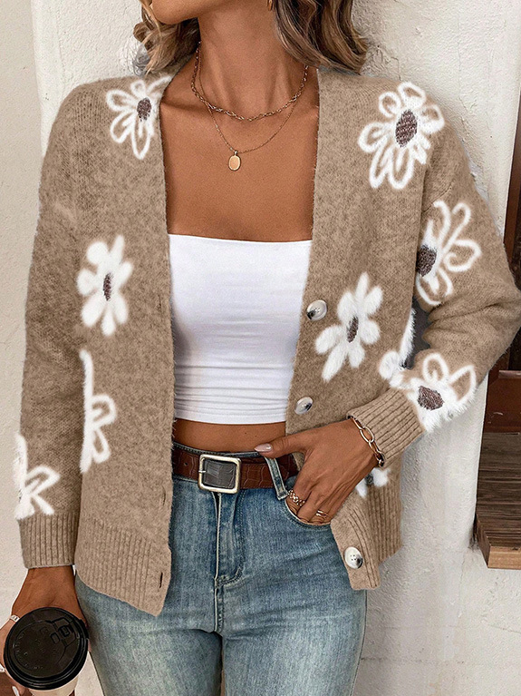 Yarn/Wool Yarn Floral Buckle Casual Cardigan