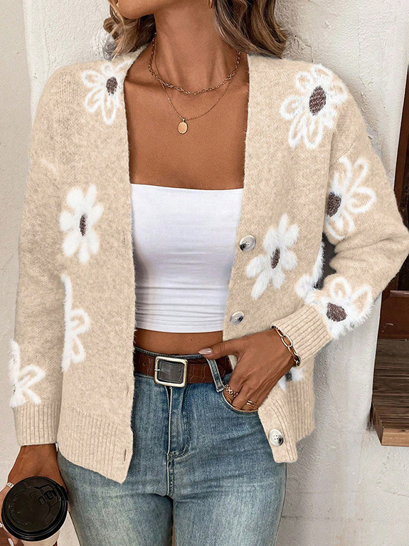 Yarn/Wool Yarn Floral Buckle Casual Cardigan