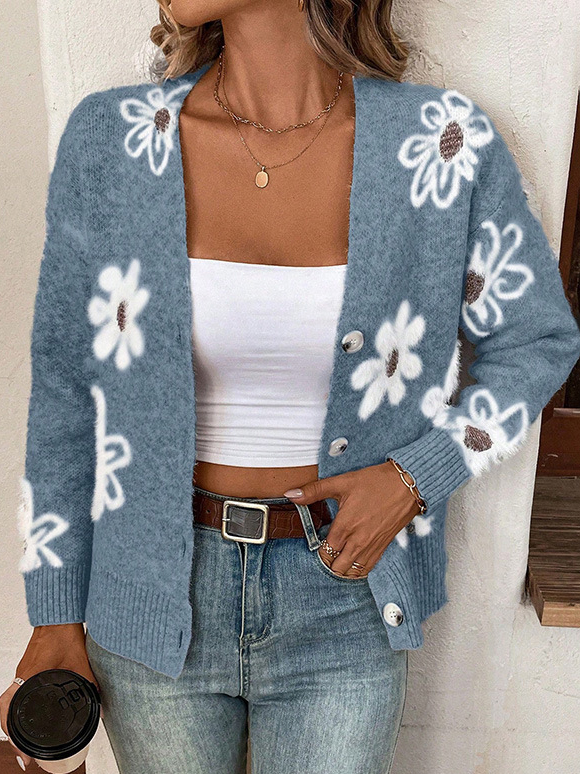 Yarn/Wool Yarn Floral Buckle Casual Cardigan