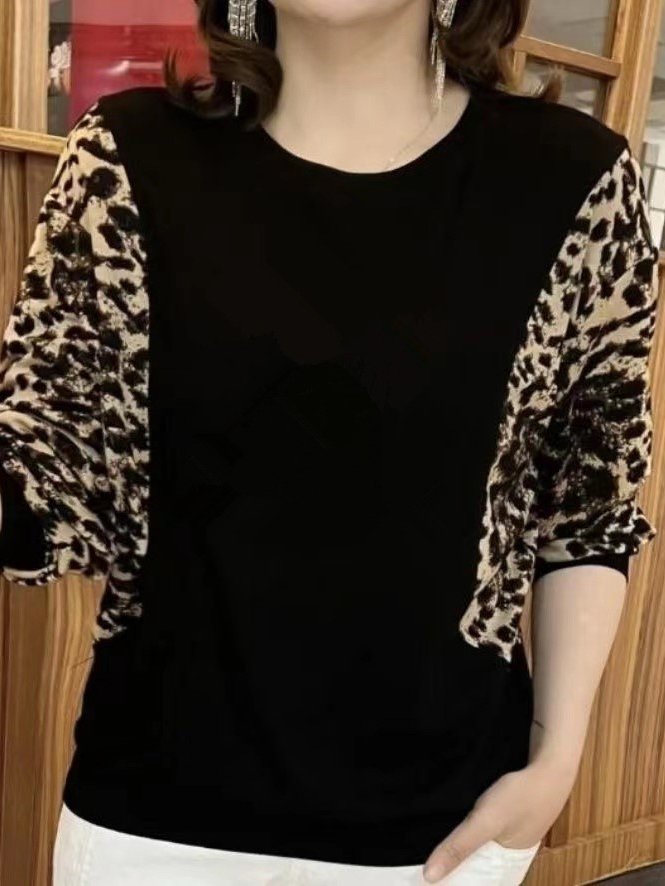 Women'sLeopard Split Joint Crew Neck Casual Top