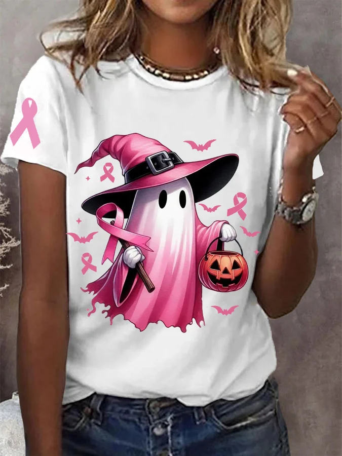 Women's In October We Wear Pink Halloween Ghost Breast Cancer Awareness Tee