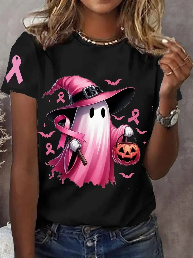 Women's In October We Wear Pink Halloween Ghost Breast Cancer Awareness Tee