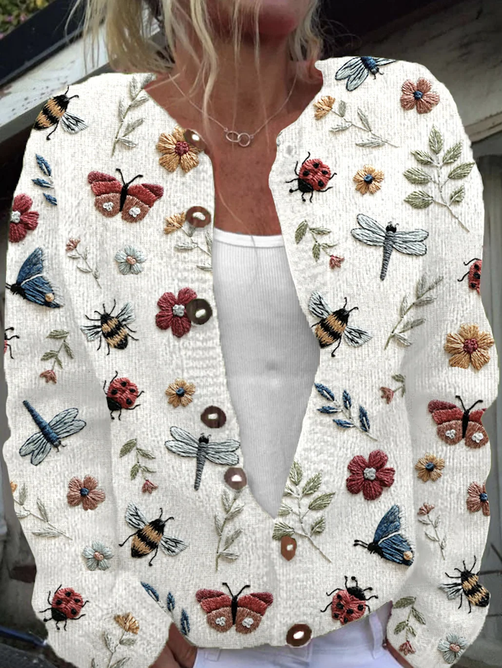 Insect flower embroidery pattern button knit cardigan