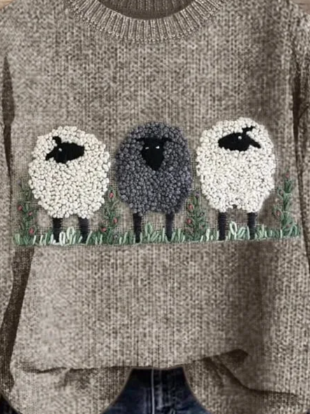 Women's Fluffy Sheep Print Casual Knitted Sweater