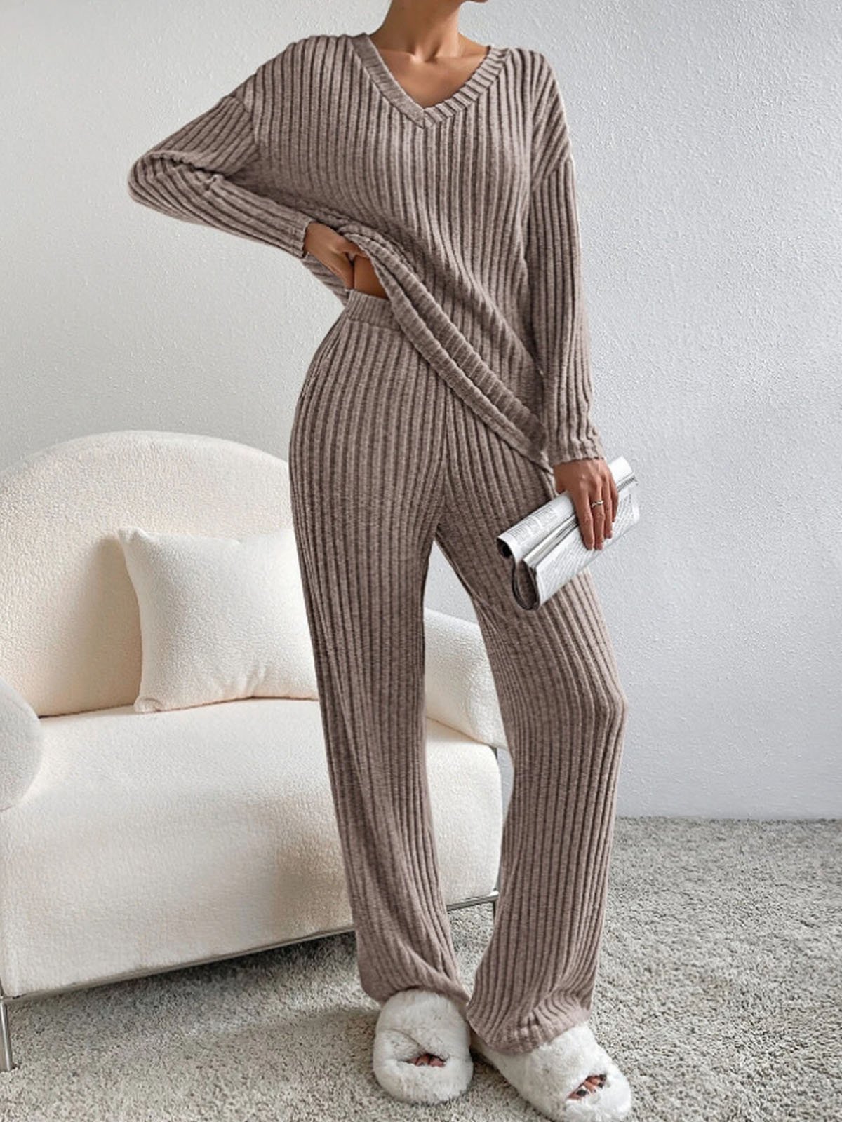 Loose Casual V Neck Plain Two-Piece Set