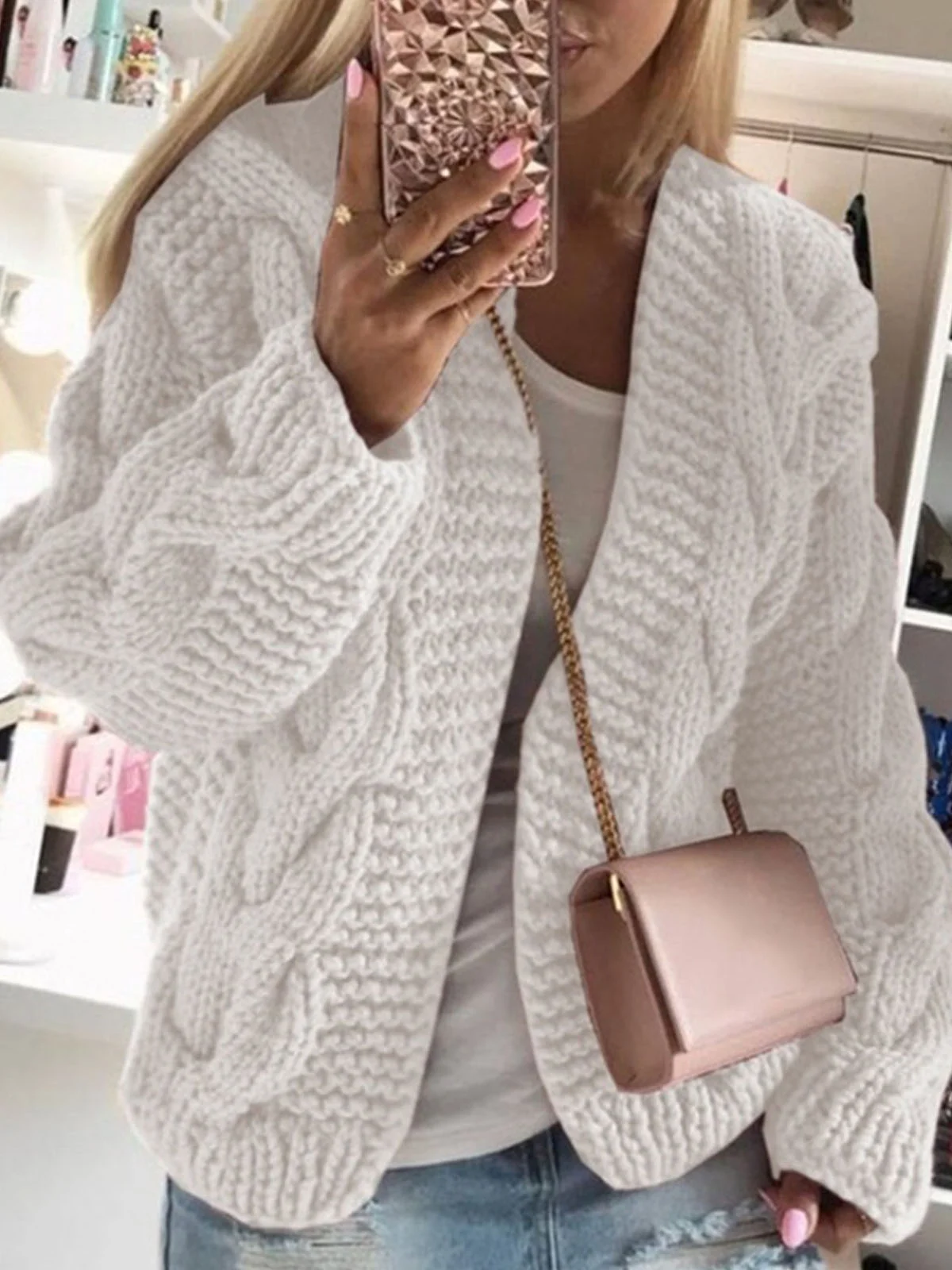 Loose Casual Yarn/Wool Yarn Plain Hoodie Cardigan