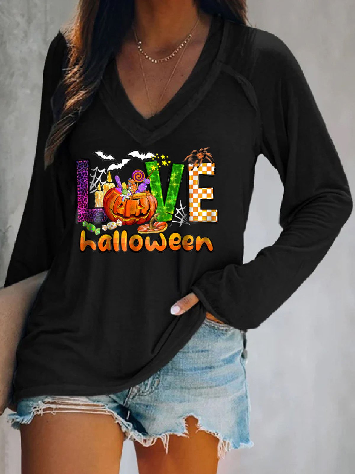 Casual V-neck Halloween T-Shirt