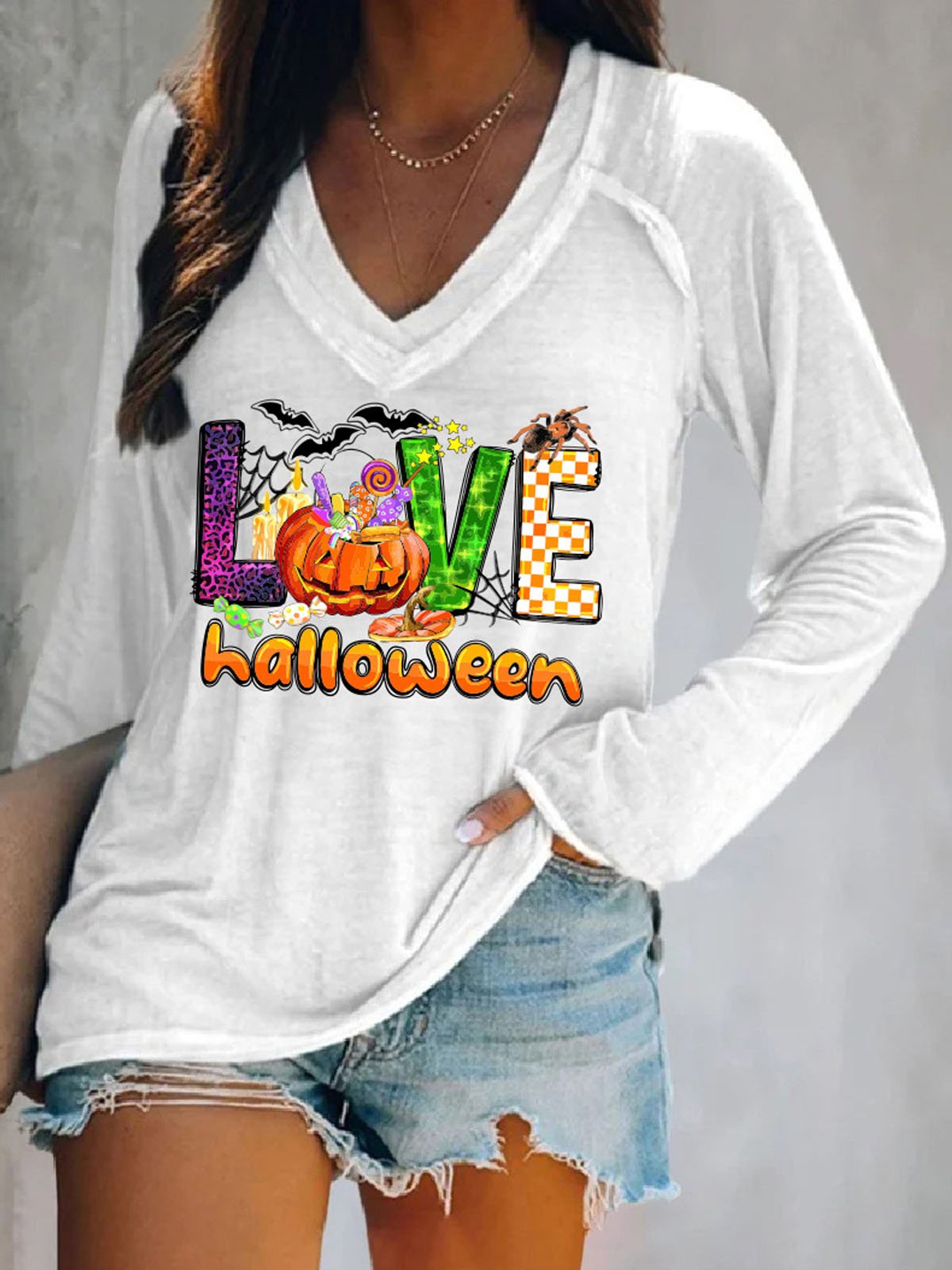 Casual V-neck Halloween T-Shirt