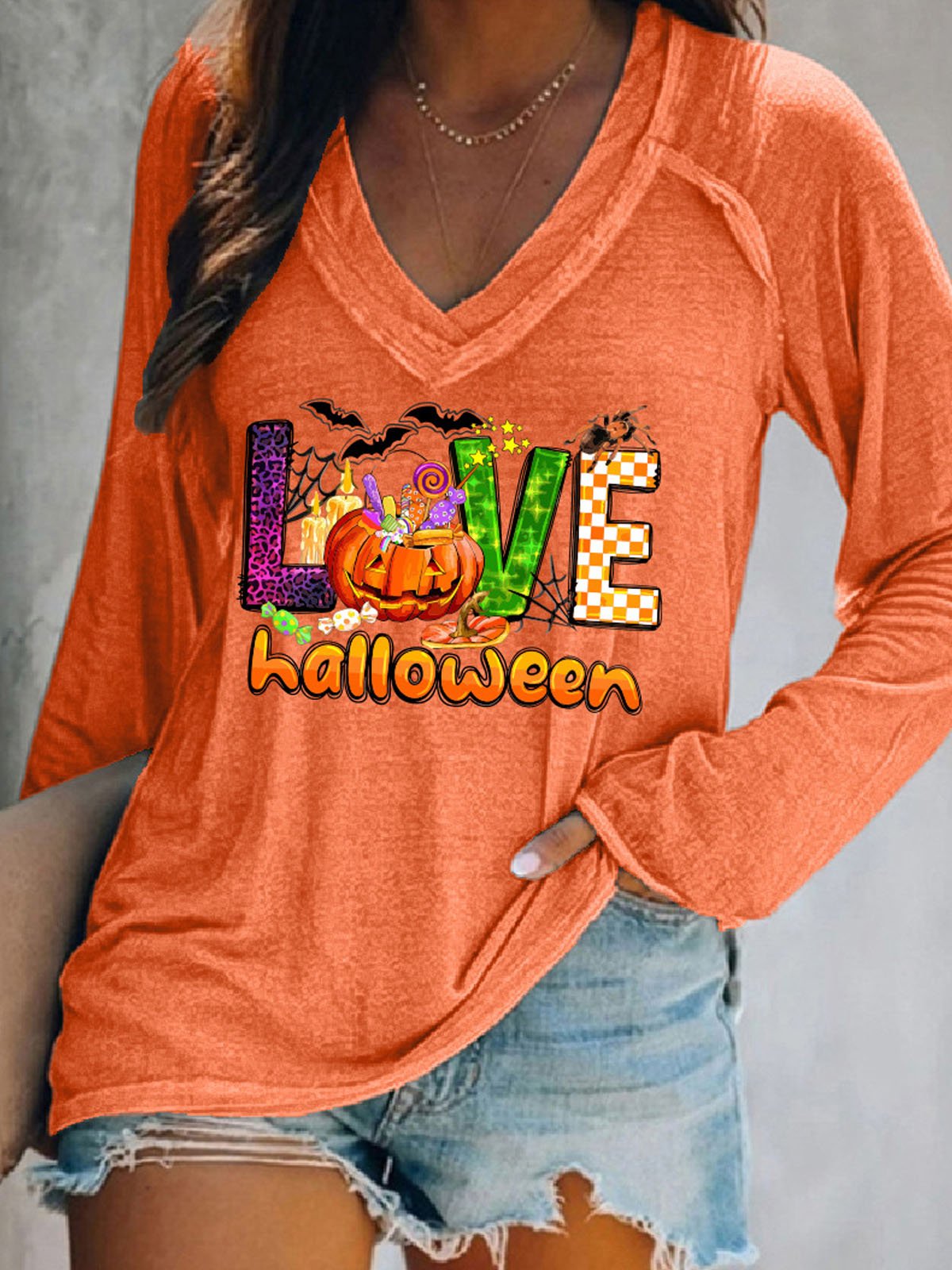 Casual V-neck Halloween T-Shirt