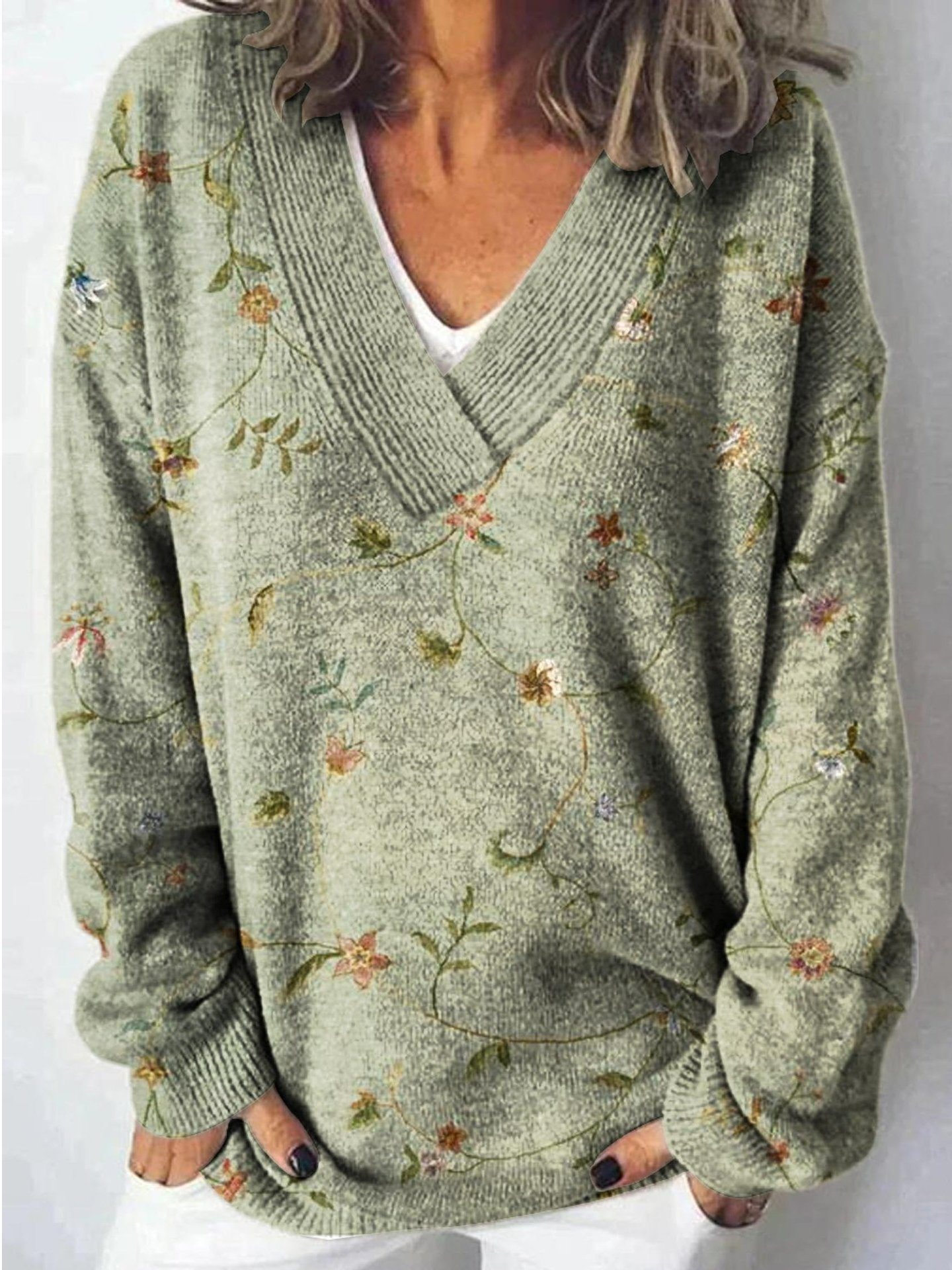 V Neck Casual Floral Sweater