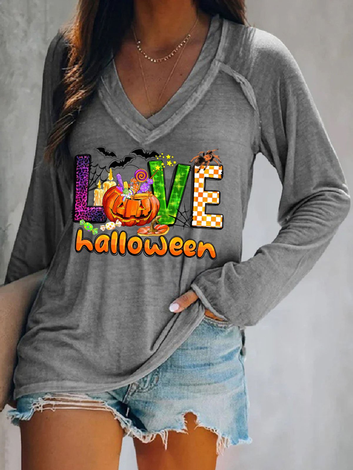 Casual V-neck Halloween T-Shirt