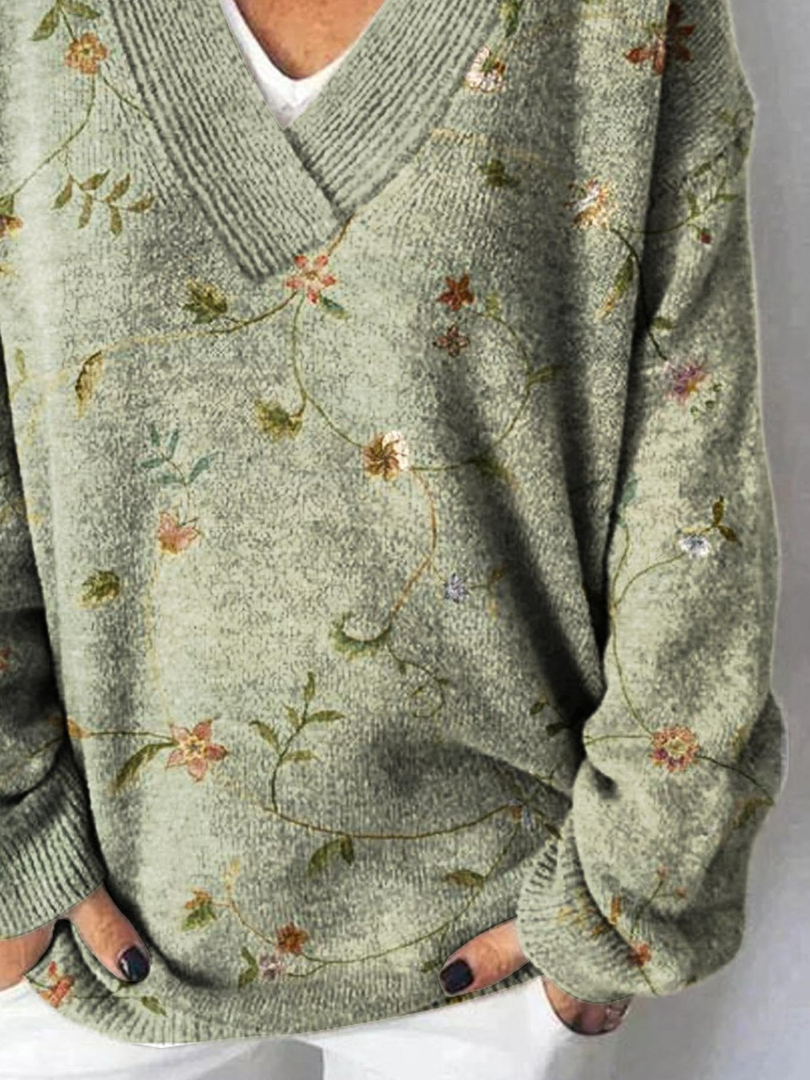 V Neck Casual Floral Sweater