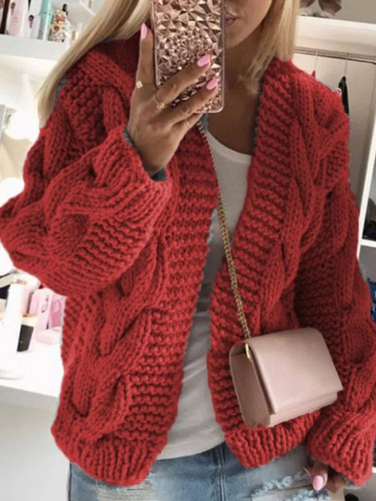 Loose Casual Yarn/Wool Yarn Plain Hoodie Cardigan