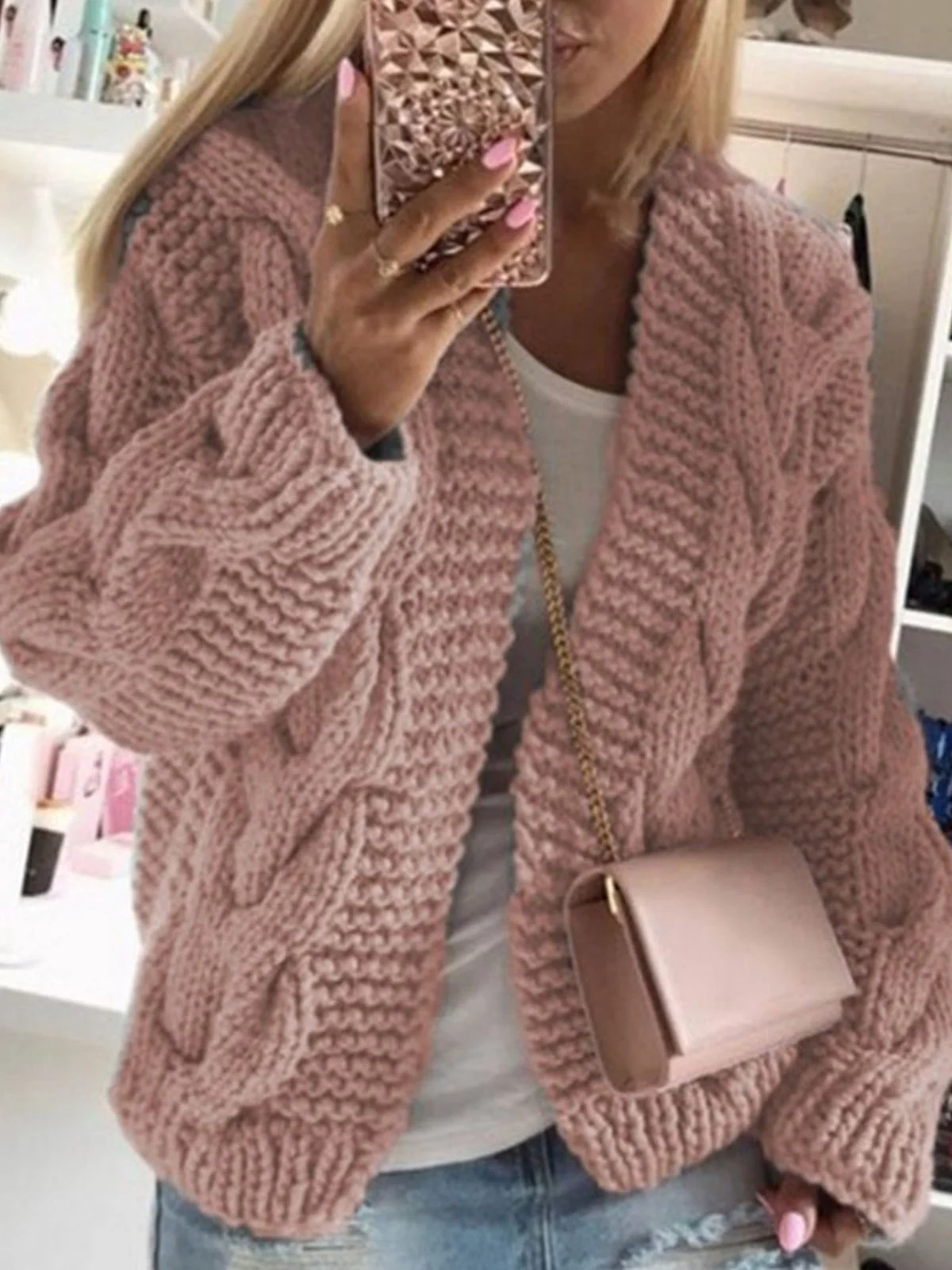 Loose Casual Yarn/Wool Yarn Plain Hoodie Cardigan